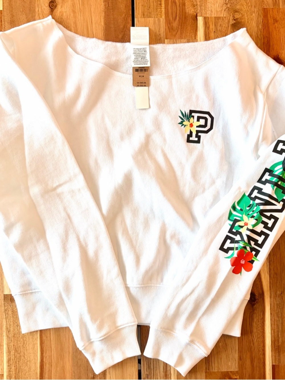PINK Victoria's Secret White Crewneck Sweatshirt with Tropical Floral 'P' Accent
